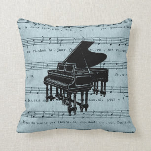 Coussin Musique de feuille bleue de piano à queue