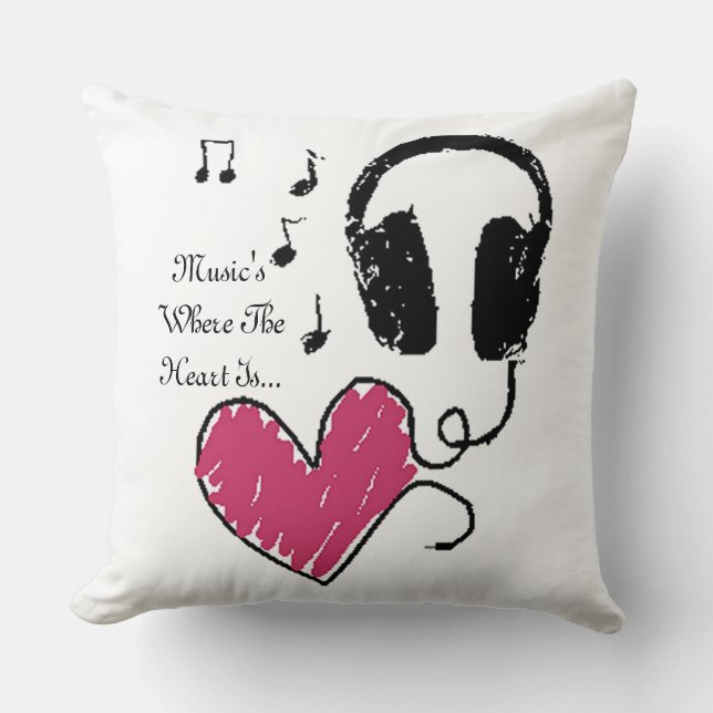 Coussin Musique où le coeur est carreau d'écouteurs (Recto)