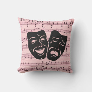 Coussin Musique rose et masques de théâtre