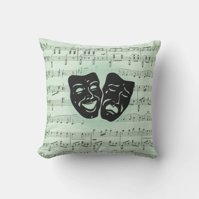 Coussin Musique verte et masques grecs de théâtre (Recto)