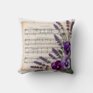 Coussin Musique Vintage et Pansies Fleuris à la Lavande
