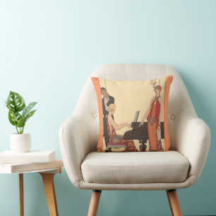 Coussin Musique vintage, pianiste art déco musicien chante