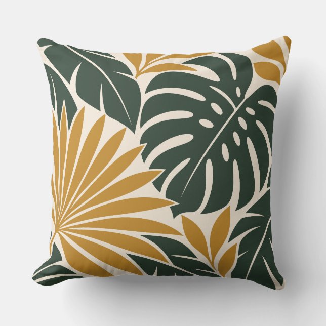 Coussin Mustard Green Tropical Leaf Silhouette (Recto)