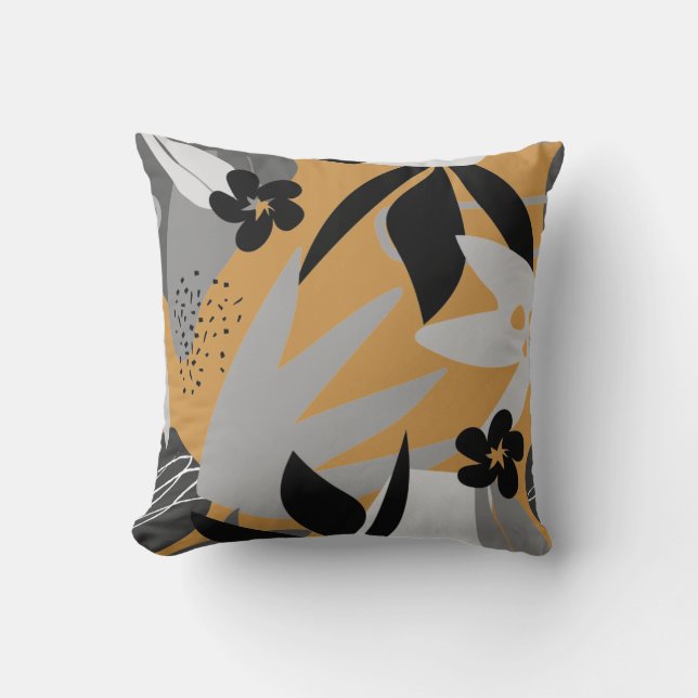 Coussin Mustard Jaune & Gris Artiste Feuilles Abstraits (Recto)