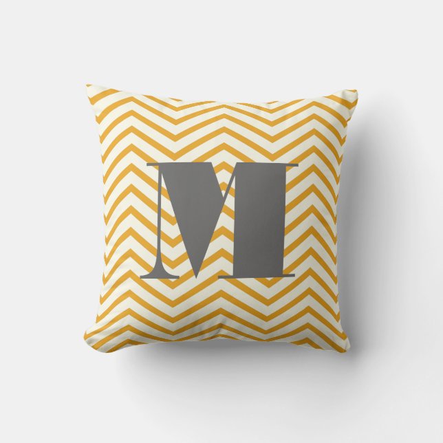 Coussin Mustard jaune ivoire et gris monogramme Zig Zag (Recto)