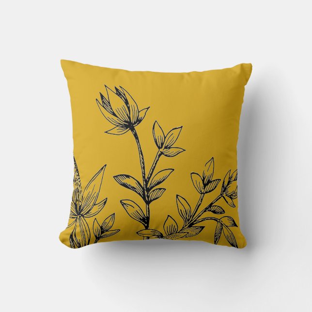 Coussin Mustard Jaune & Noir Botanique | Rhatany (Recto)