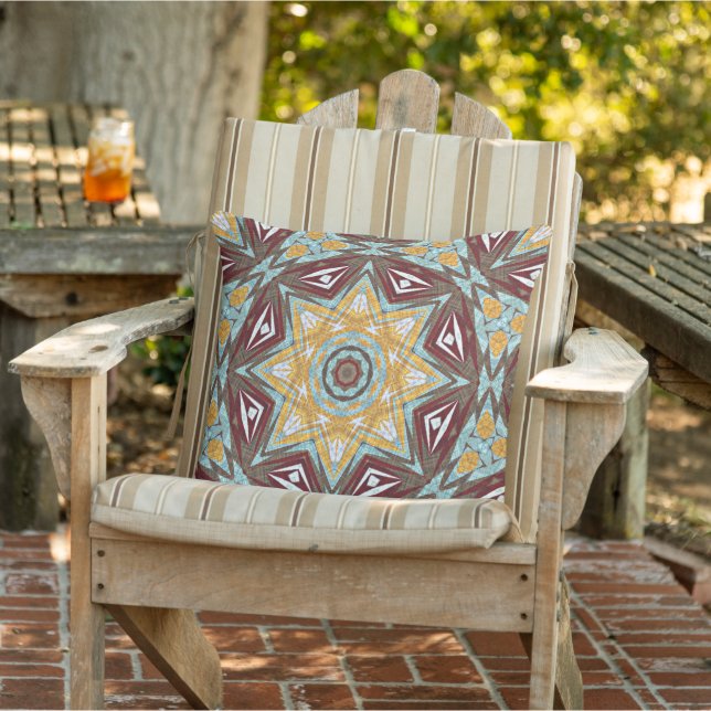 Coussin Mustard jaune rouge Brown Aqua Mandala Art tribal (Chaise)