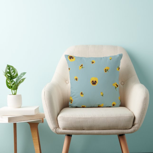 Coussin Muted Aqua Yellow Japanese Pansy Floral Pattern (Chaise)