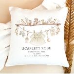 Coussin Muted Neutral Boho Baby Girl Nursery Stats de nais<br><div class="desc">Ce coussin saisit l'essence de l'élégance moderne avec une touche de charme bohème, avec une illustration charmante d'une robe de petite fille et une collection d'éléments charmants pour bébé comme des jouets et des chaussures. Rendu dans des tons doux et neutres, ce coussin n'est pas seulement un accessoire de pépinière...</div>