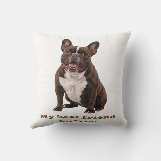 Coussin My Best Friend Snores – Brown French Bulldog Throw (Verso)