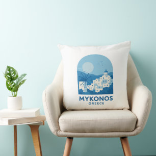 Coussin Mykonos Grèce Art de voyage minimaliste bleu