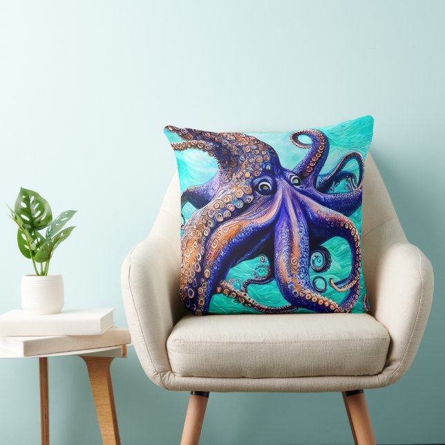 Coussin Mystérieuse Octopus Blue Ocean Wave Art Abstrait (Chaise)