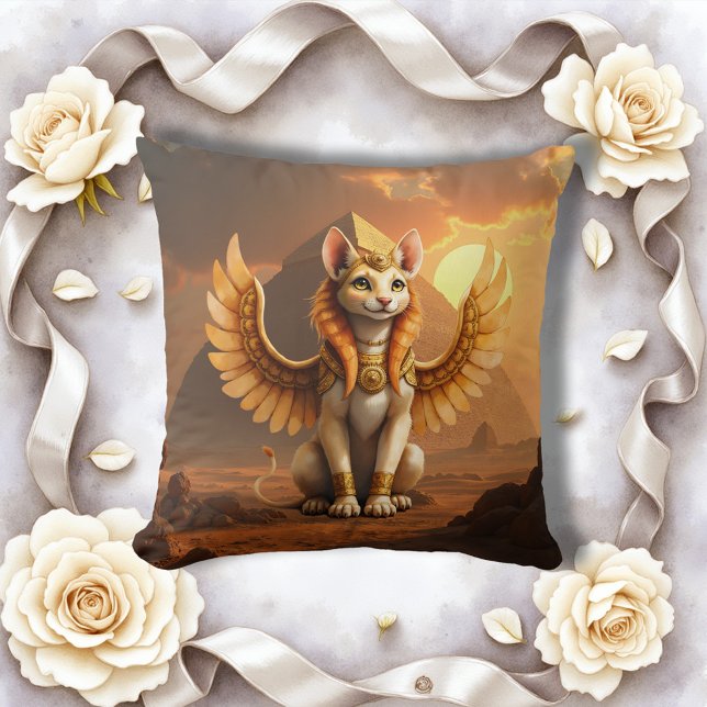 Coussin Mystical Winged Cat Sphinx - Art Imaginaire égypti (Créateur téléchargé)