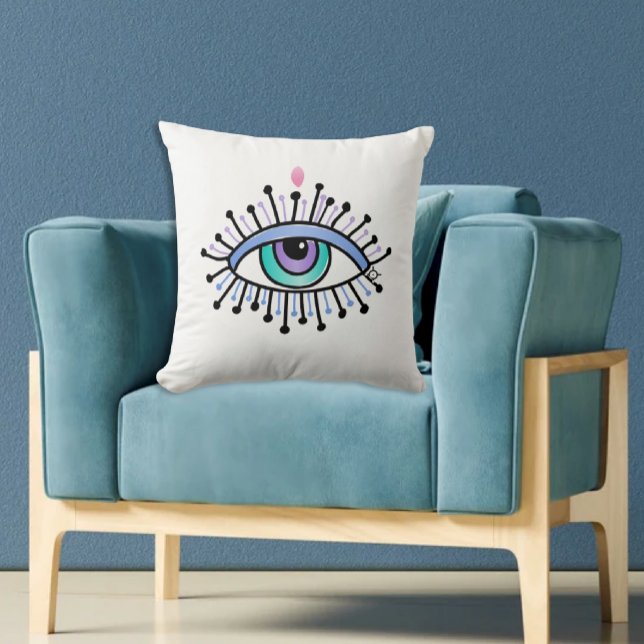 Coussin Mystique du troisième oeil spirituel Yoga Nouvel â (White Pillow with hand drawn mystical eye third eye symbol on aqua chair)