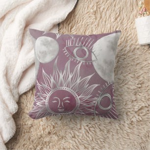 Coussin Mystique solaire   Rose Argent Lune Étoiles Soleil