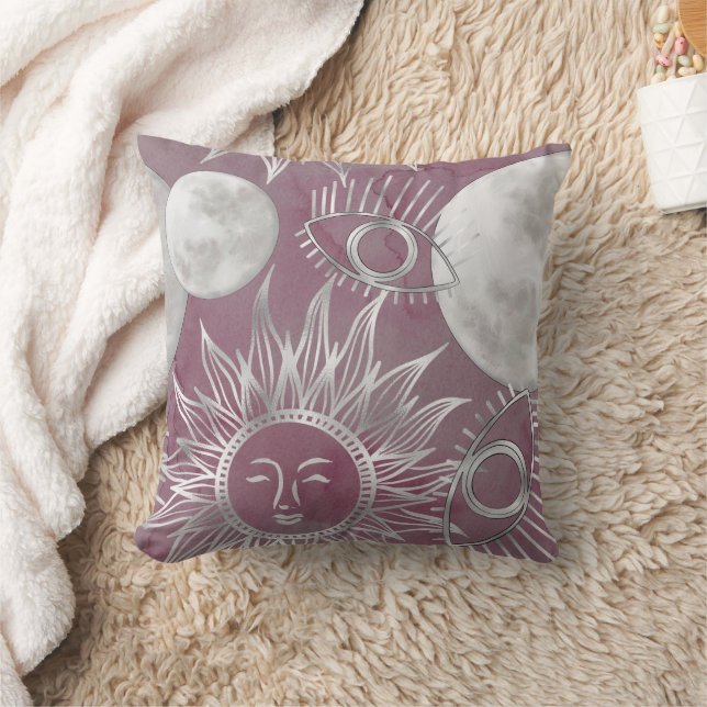 Coussin Mystique solaire | Rose Argent Lune Étoiles Soleil (Couverture)