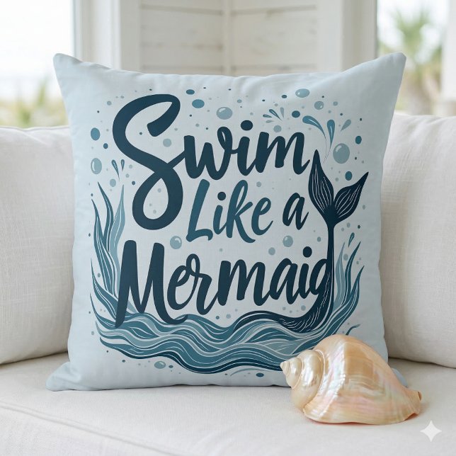 Coussin Nager comme une Sirène Citation Océanique Fantaisi (Swim Like a Mermaid Whimsical Ocean Quote Art Throw Pillow On Couch)