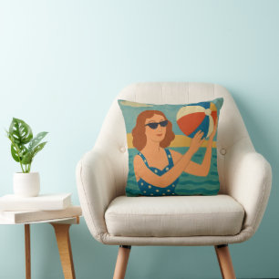 Coussin Nageur vintage avec ballon de plage