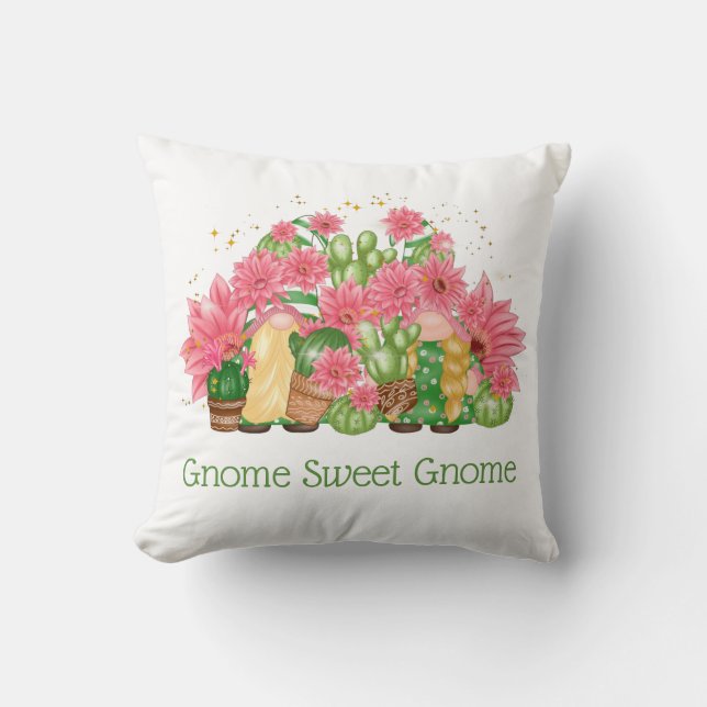 Coussin Nains roses et verts Gnome Sweet Gnome (Recto)