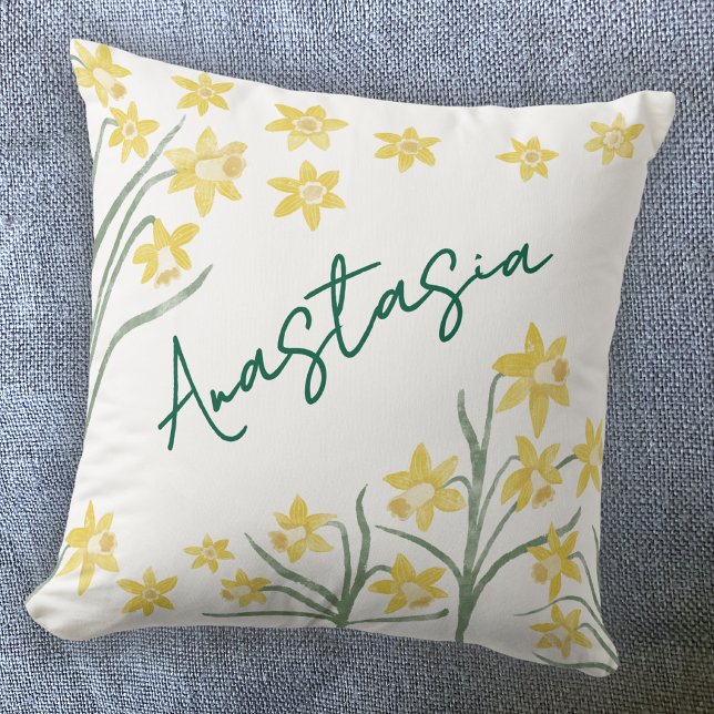 Coussin Naissance en Mars Jonquille Personnalisée (March Birth Month Flower daffodil personalized custom name script font watercolor birthday pillow)