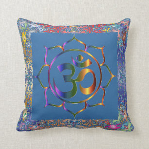 Coussin Namaste Aum Om & Lotus avec bordure Vintage arc-en
