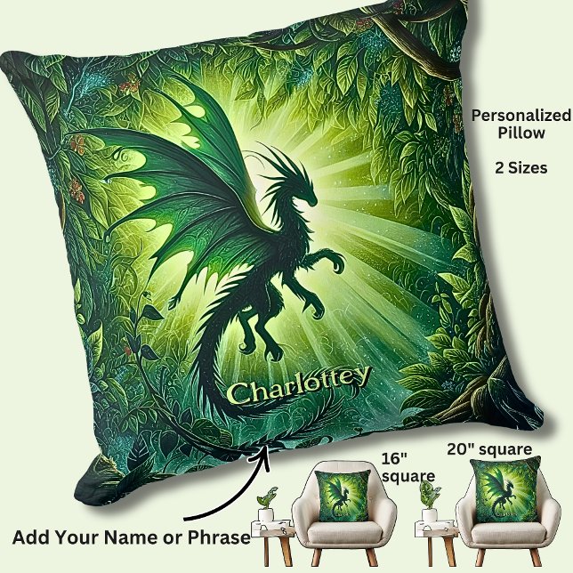 Coussin Name, Fantasy Dragon Flying in Green Light Rays (Créateur téléchargé)
