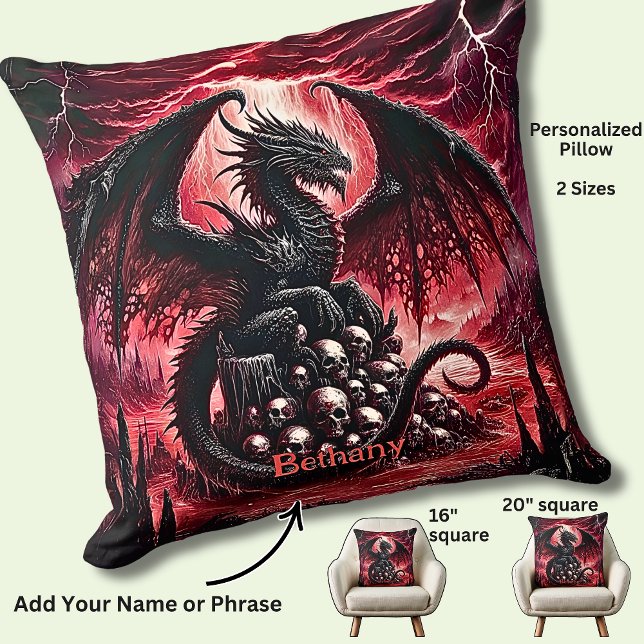 Coussin Name, Fantasy Fire Dragon with Skulls  (Créateur téléchargé)