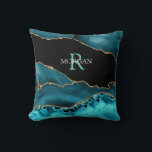 Coussin Name & Monogram Lt Teal White, Teal Blk Gold Agate<br><div class="desc">Personalize this stylish and Trendy Teal,  Gold and Black Agate design with your Name and Monogram in Light Teal and White text.</div>
