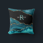 Coussin Name & Monogram Lt Teal White, Teal Blk Gold Agate<br><div class="desc">Personalize this stylish and Trendy Teal,  Gold and Black Agate design with your Name and Monogram in Light Teal and White text.</div>