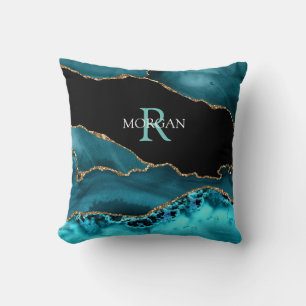 Coussin Name & Monogram Lt Teal White, Teal Blk Gold Agate