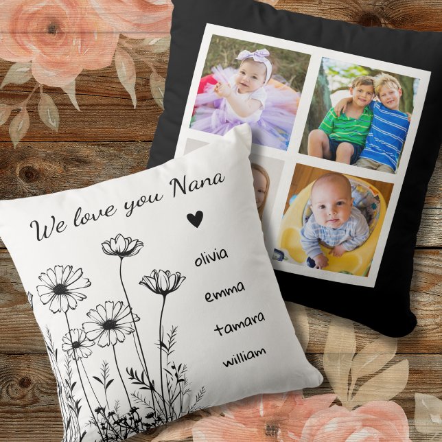 Coussin Nana We Love You Grandkids 4 Photo Collage Floral (Créateur téléchargé)