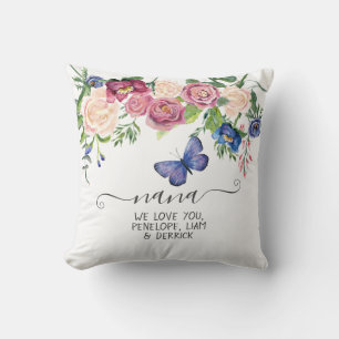 Coussin Nana We Love You Watercolor Floral Blue Butterfly