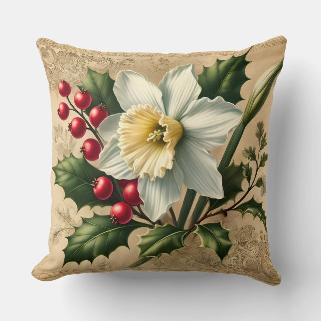 Coussin Narcisse de décembre et mois de naissance de houx (Recto)