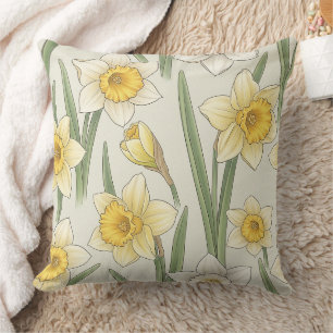 Coussin Narcisses jaunes vintage sur fond ivoire