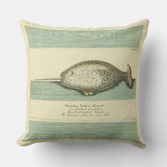 Coussin Narwhal Antique Baleine Aquarelle Art scientifique (Recto)