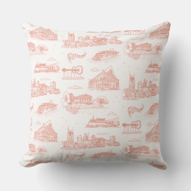 Coussin Nashville Toile Rose Corail sur Fond Blanc (Recto)