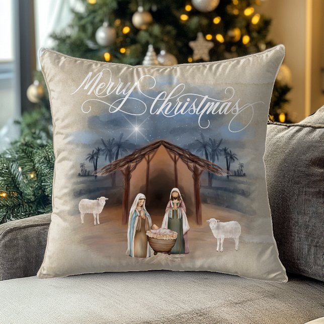 Coussin Nativité aquarelle Manger Joyeux Noël (Créateur téléchargé)