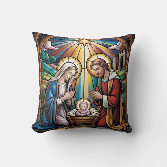 Coussin Nativity Stained Glass Art – Holy Family Christmas (Recto)