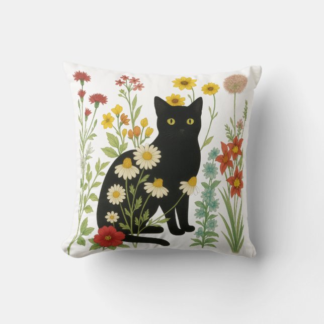 Coussin Nature botanique – Chat noir dans un jardin de fle (Recto)