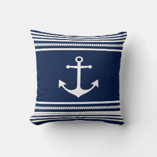 Coussin Nautica, Bleu Blancs, Coussin Ancre