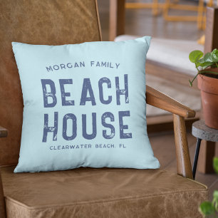 Coussin Nautical Aqua Blue & White Beach House Nom de fami