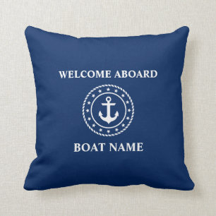 Coussin Nautical Boat Name Ancre Rope Stars Blue Welcome