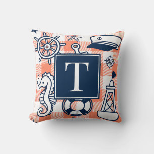 Coussin Nautical Doodles – Monogramme Gingham Corail et Nu