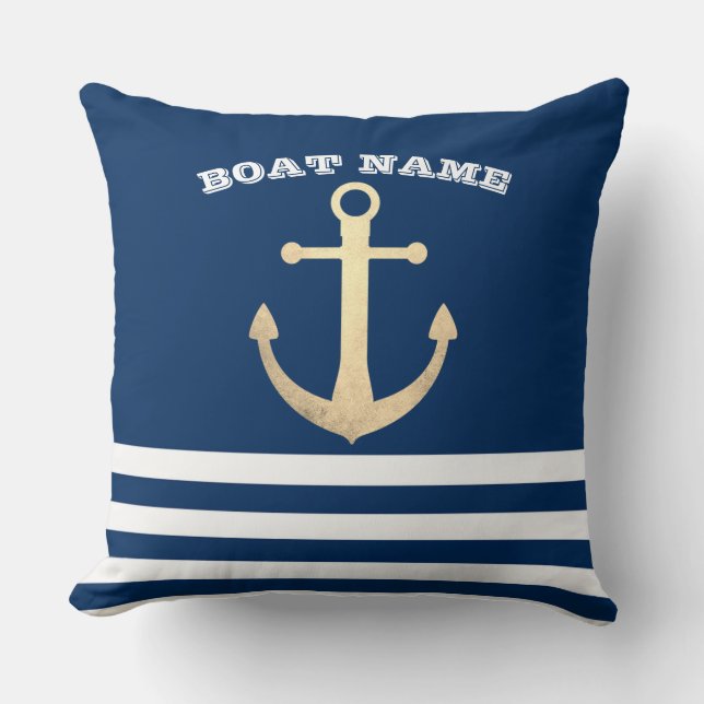 Coussin Nautical, Gold Anchor Navy Blue Striped (Recto)