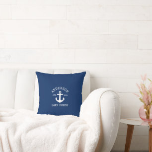 Coussin Nautical Lake House Nom de famille Ancre Marine Bl