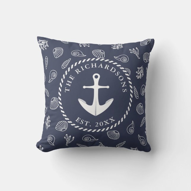 Coussin Nautical Navy Bleu Blanc Nom de famille Ancre (Recto)