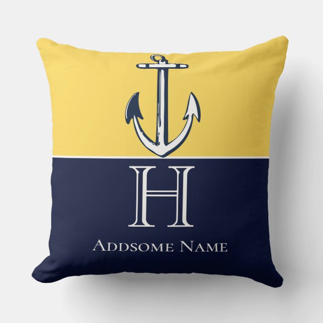 Coussin Nautical Navy Blue Mustard Yellow Anchor monogram (Recto)