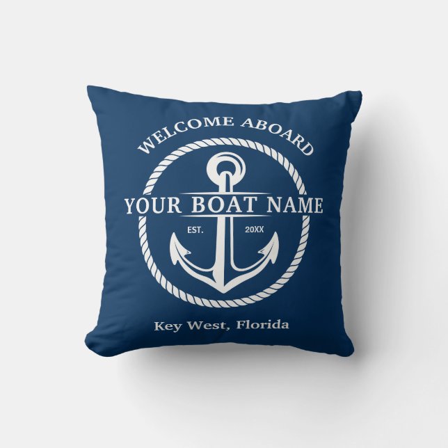Coussin Nautical Navy Blue Welcome Aboard Nom du bateau An (Recto)