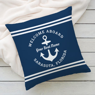 Coussin Nautical Navy Blue Welcome Aboard Nom du bateau An