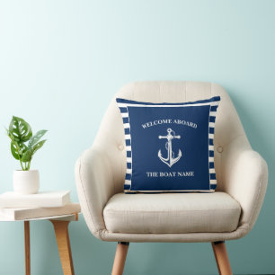 Coussin Nautical Navy Blue Welcome Aboard Nom du bateau An